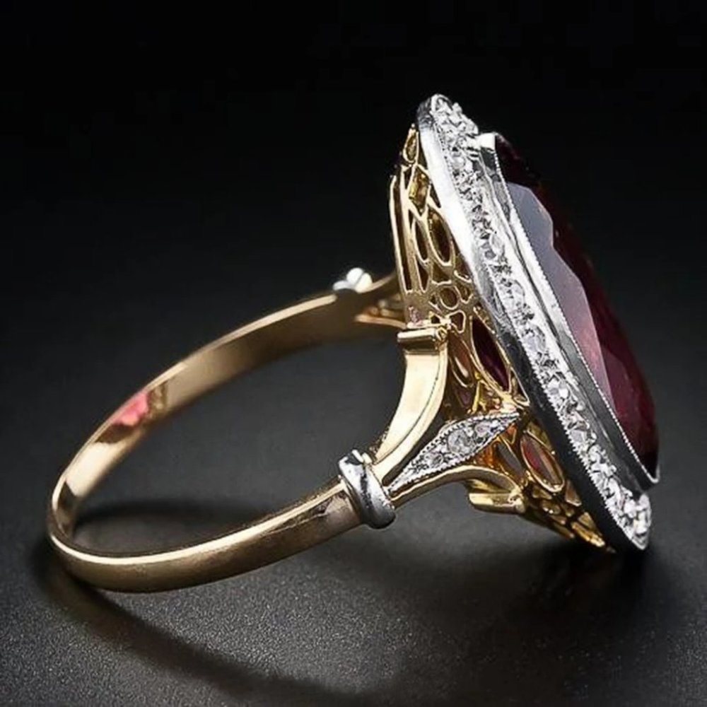 OVAL RED CZ TWO TONE DESIGN NOBLE BIRTHDAY 💍 RING - Picture 3 of 6
